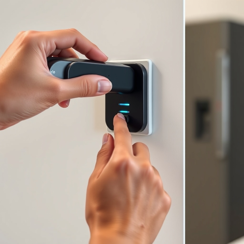 Photorealistic close-up of a hand plugging a Caire Freestyle Comfort into a wall outlet