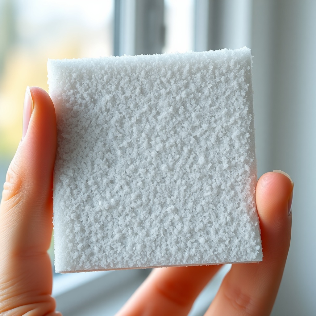 A close-up photorealistic shot of a clean grey foam filter held between two fingers with a