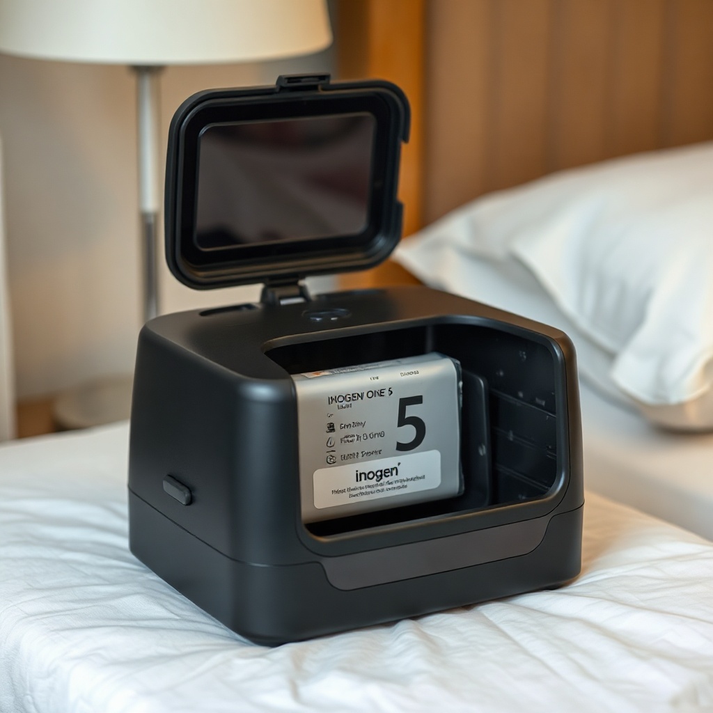 A realistic photo of an Inogen One G5 concentrator sitting on a bedside table with the bat