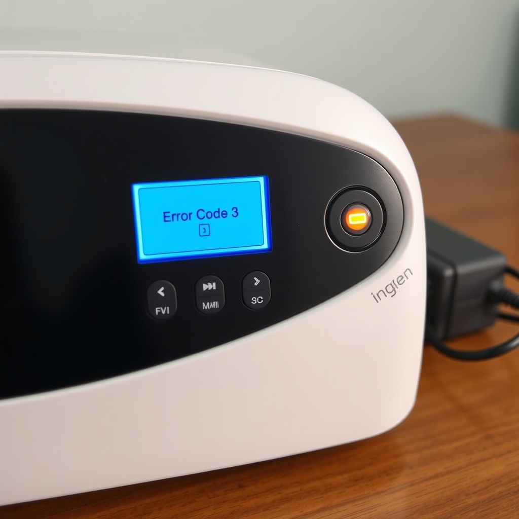 A close-up photorealistic photo of the Inogen One G5 control panel showing the LCD screen