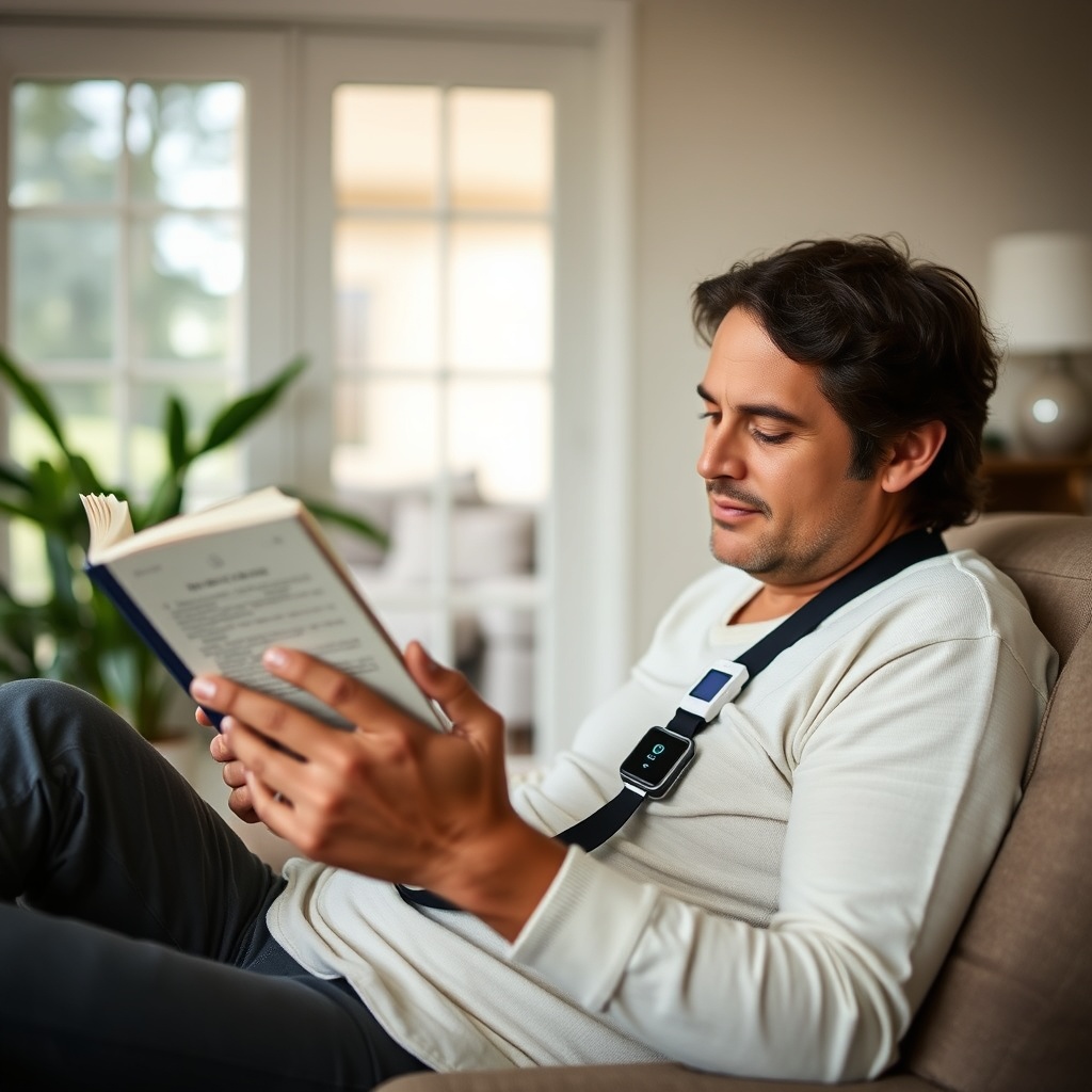 Person sitting comfortably reading a book with the Inogen One G5 on a shoulder strap