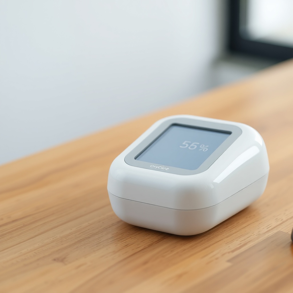 <A clean photorealistic photo of an OxyGuide Comfort device on a wooden table