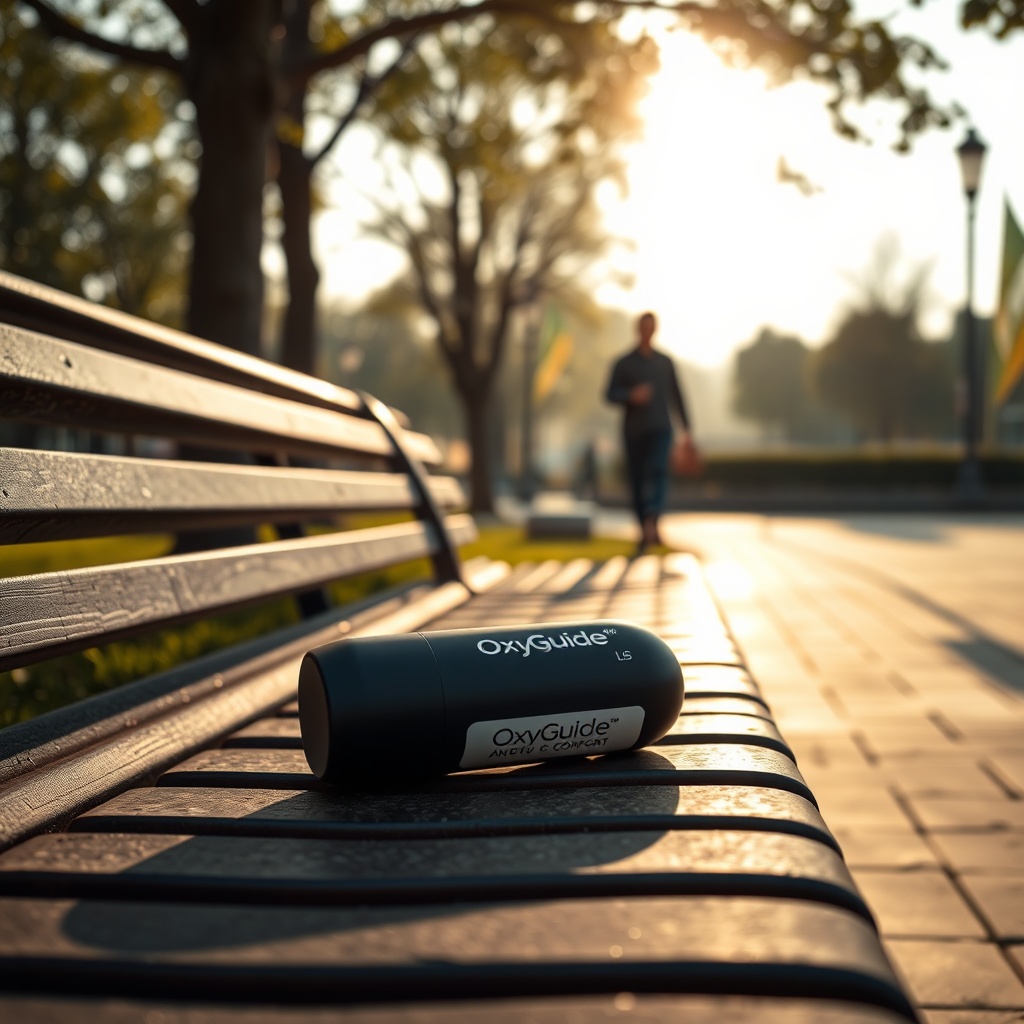 <A clean photorealistic photo of an OxyGuide Comfort placed on a park bench in moderate su