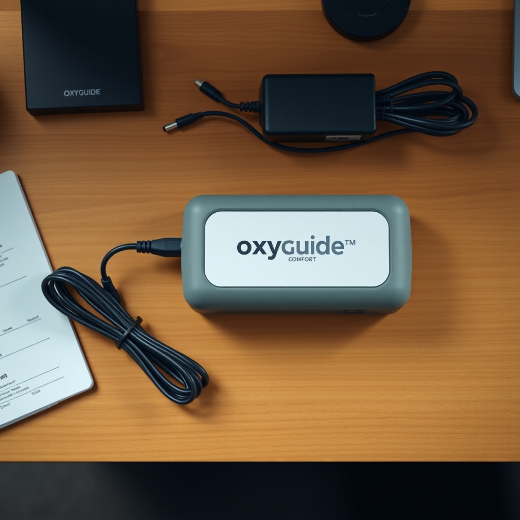 A photorealistic overhead shot of an OxyGuide Comfort battery pack
