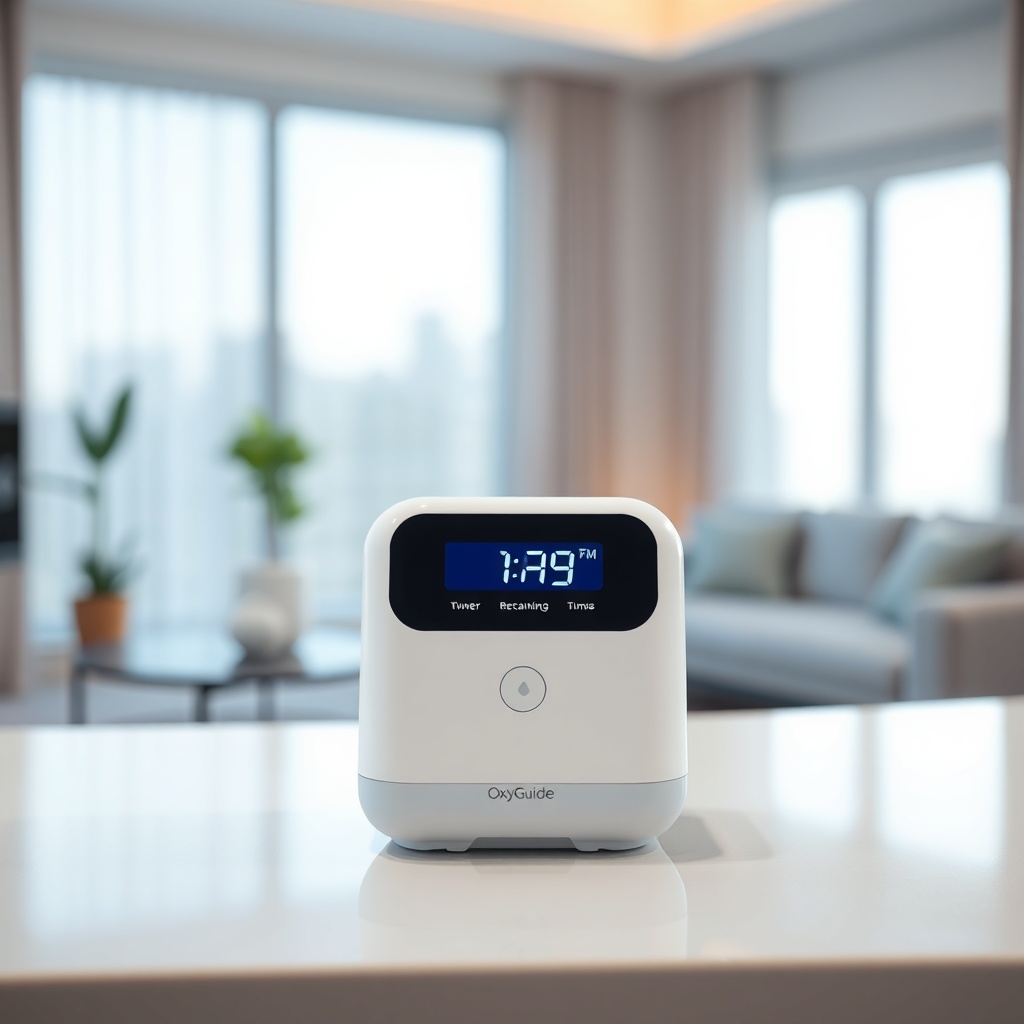 A photorealistic photo showing the OxyGuide Comfort device resting on a clean countertop