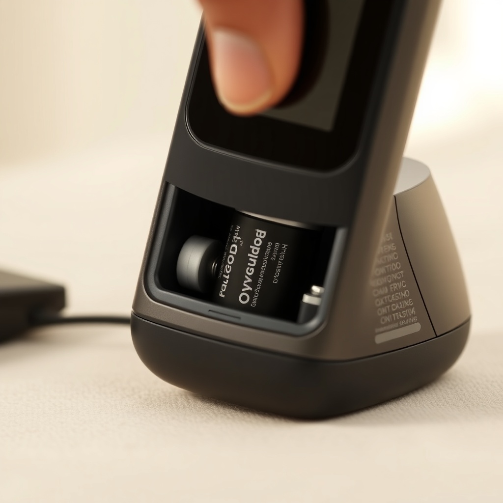A photorealistic close-up of an OxyGuide Comfort battery being inserted into the device’s