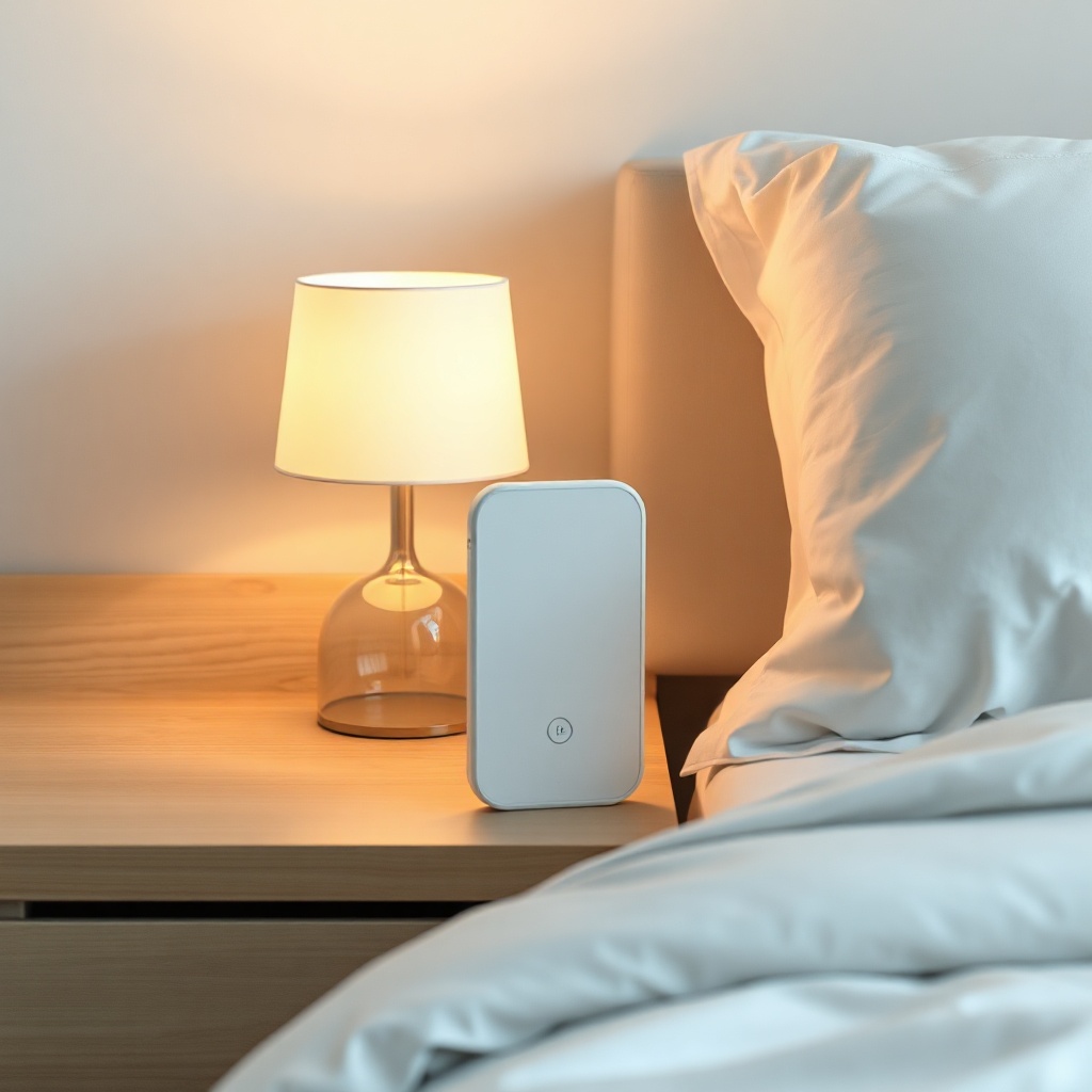 <clean photorealistic photo/illustration of the OxyGuide Comfort placed on a nightstand ne