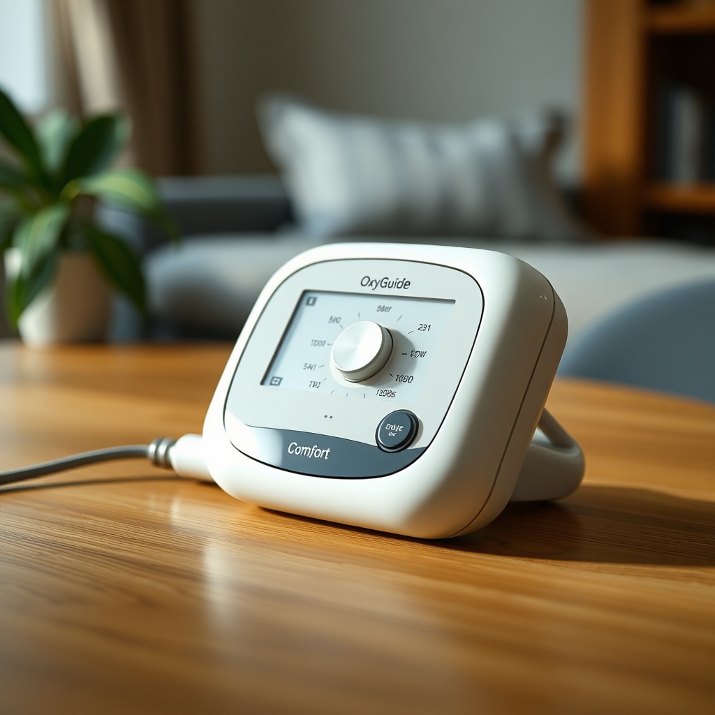 photorealistic photo of an OxyGuide Comfort device resting on a home table