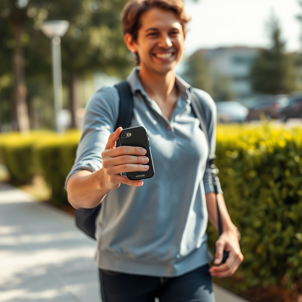 photorealistic photo of a person holding the OxyGuide Comfort with a carrying strap while