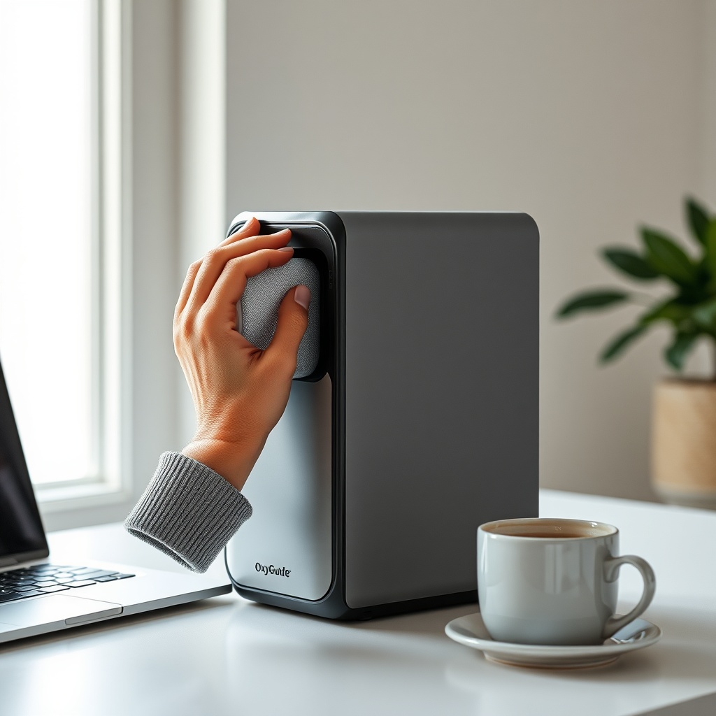 A clean photorealistic photo of a person's hands gently inspecting the side filter of an O