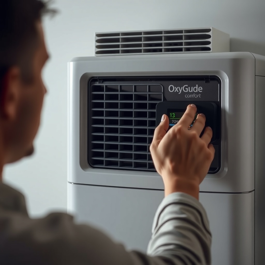 A photorealistic photo of a person checking the intake filter on the front of an OxyGuide