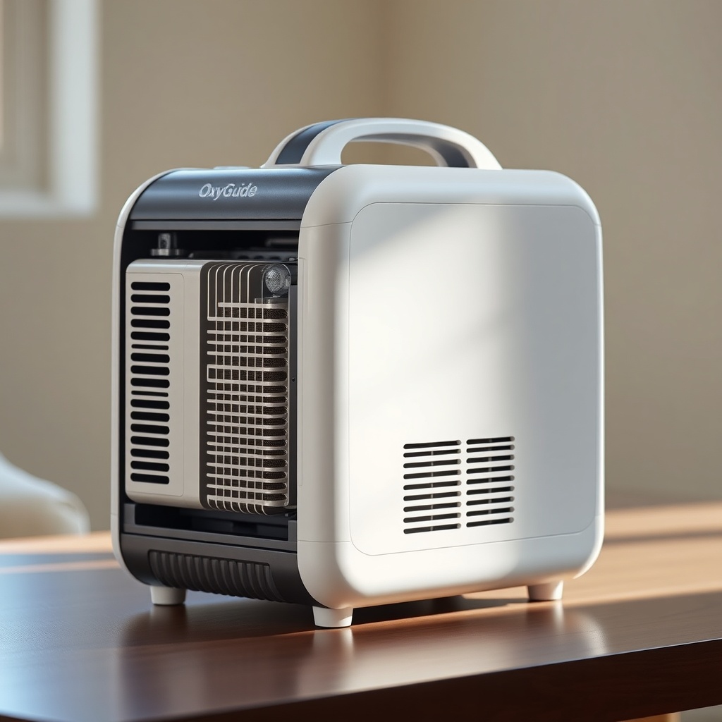 A clean photorealistic photo of an OxyGuide Comfort portable oxygen concentrator on a tabl
