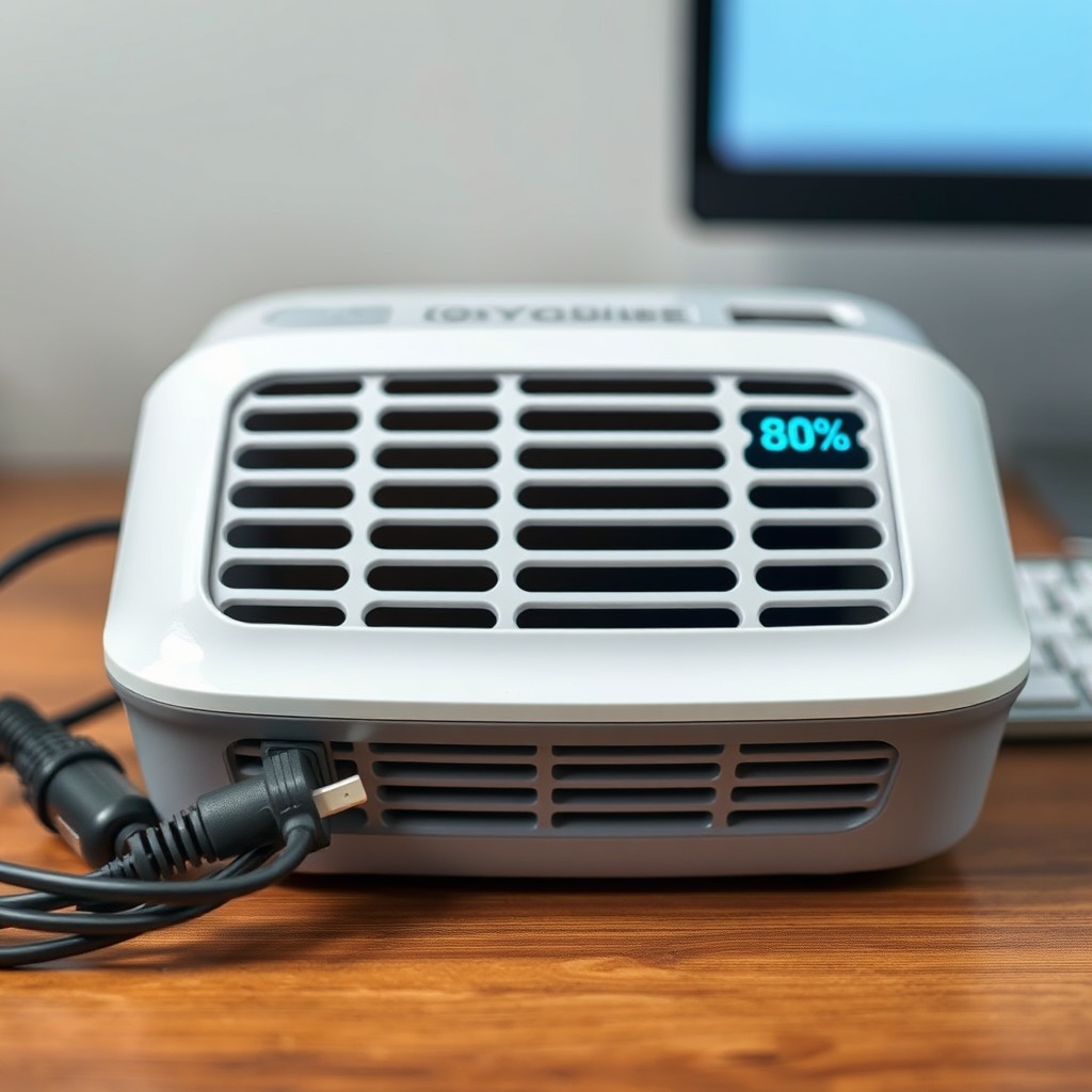 A clean photorealistic photo of an OxyGuide Comfort placed on a wooden desk