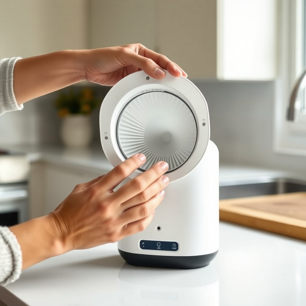 A clean photorealistic photo of a person’s hands removing the filter cover from an OxyGuid