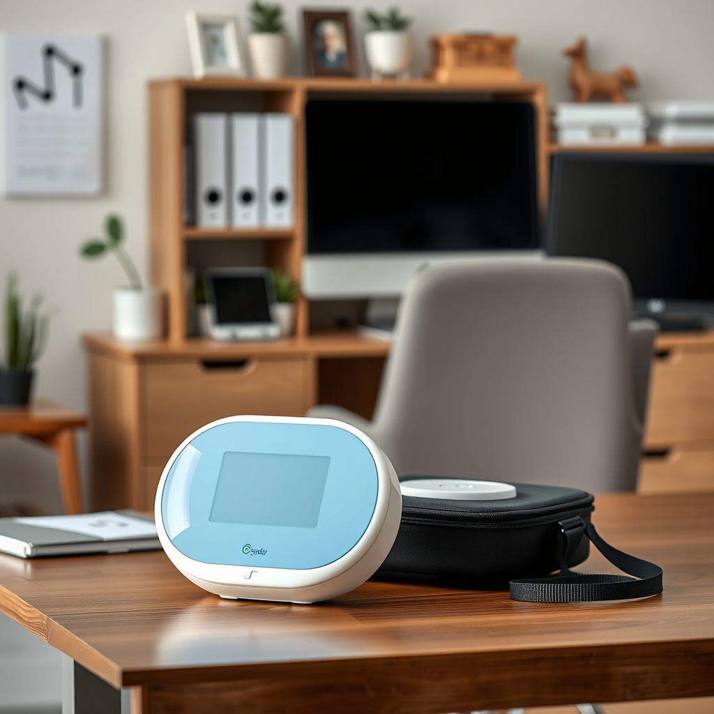 A photorealistic photo showing an OxyGuide Comfort device placed on a table in a clean