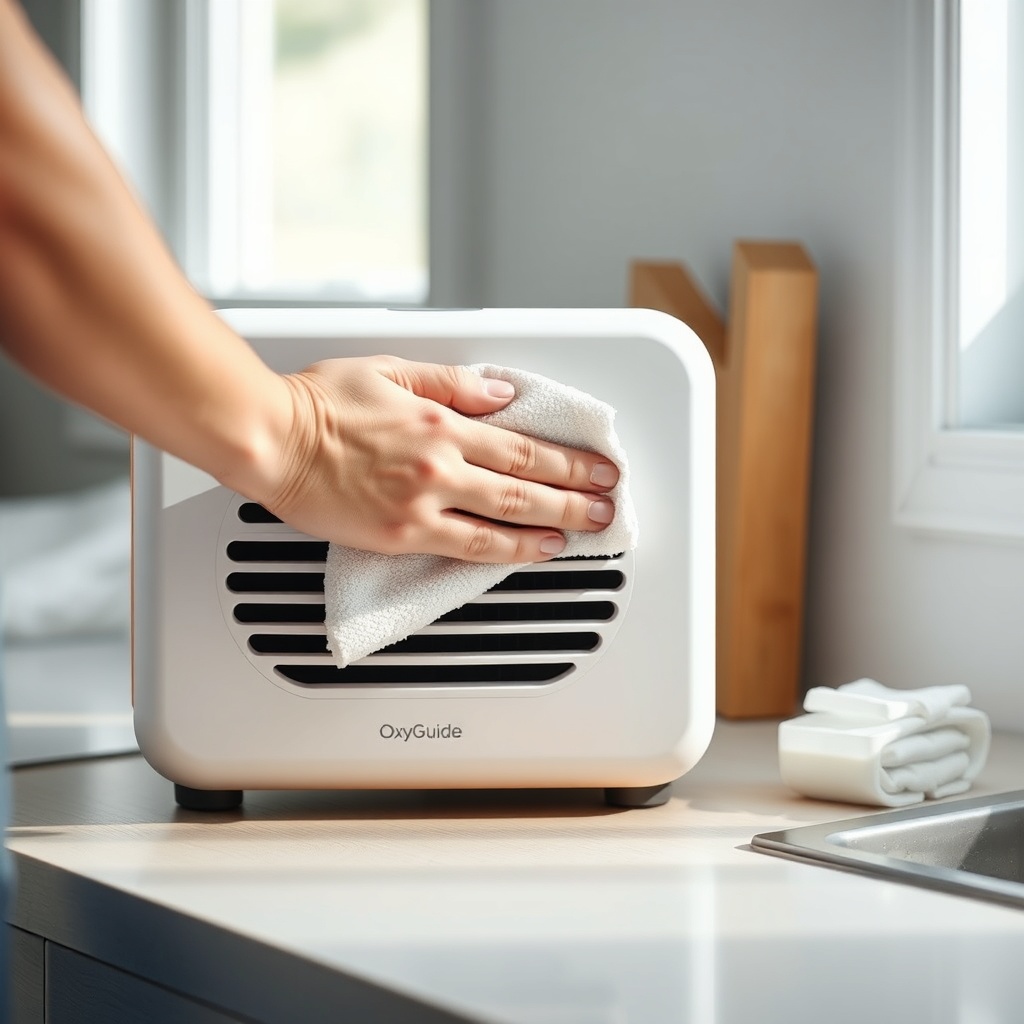 A clean photorealistic photo of a person gently wiping the intake vents of an OxyGuide Com