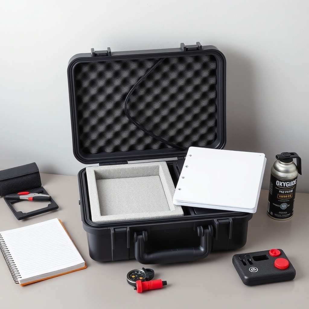 A clean photorealistic photo of an open OxyGuide Comfort case on a desk next to a logbook