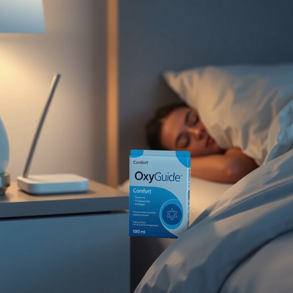 <clean photorealistic photo/illustration of OxyGuide Comfort sitting on a nightstand next