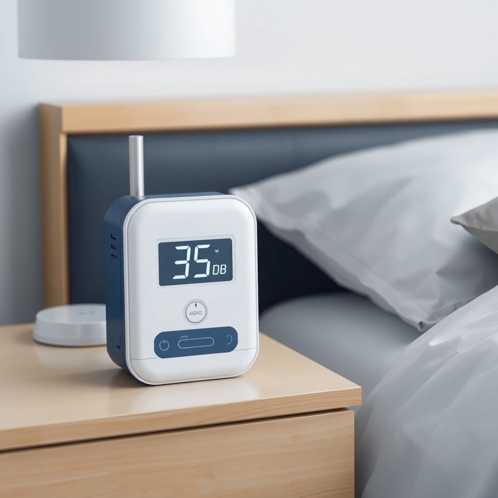 <clean photorealistic photo/illustration of an OxyGuide Comfort on a bedside table