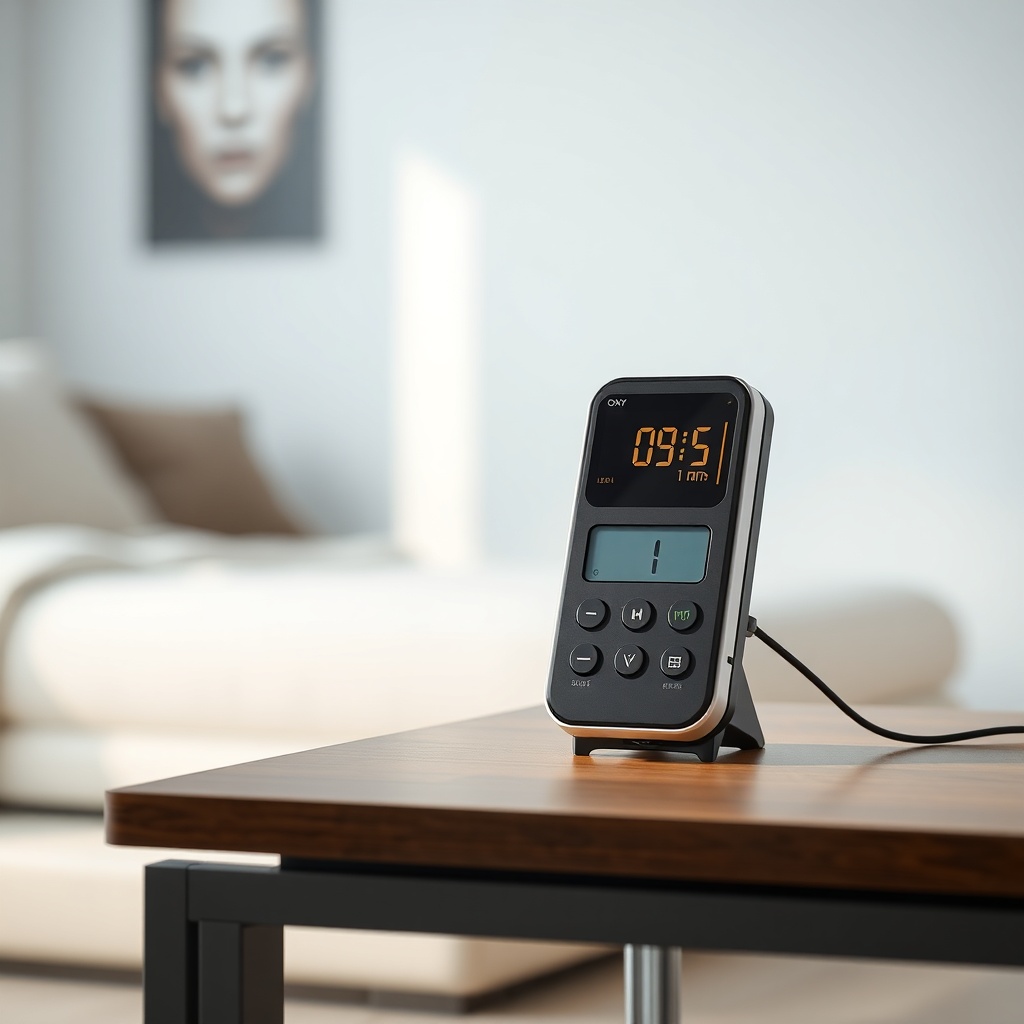 A photorealistic photo of the OxyGuide Comfort placed on a table with a sound-level meter