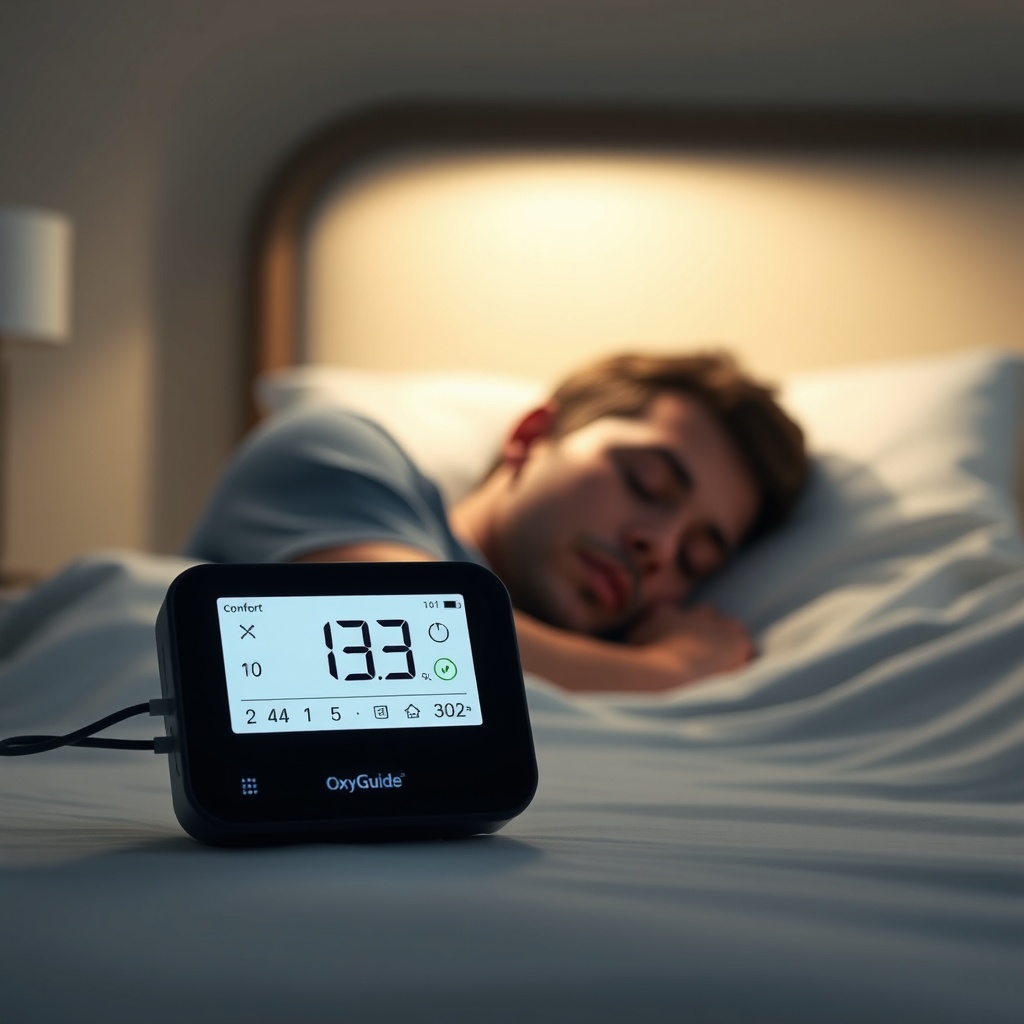 A photorealistic photo of the OxyGuide Comfort running on battery power in a dimly lit bed