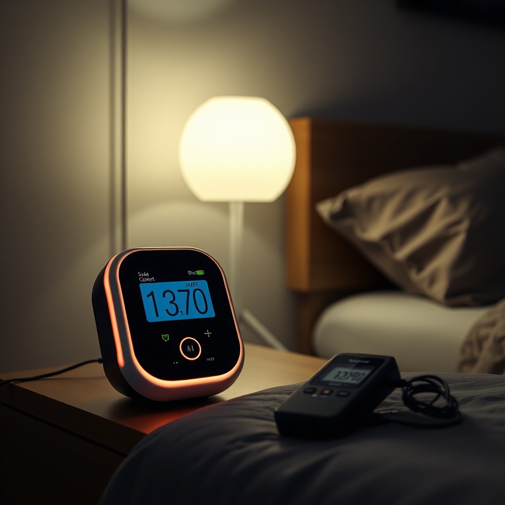 A photorealistic photo of an OxyGuide Comfort sitting on a bedside table in a dimly lit be