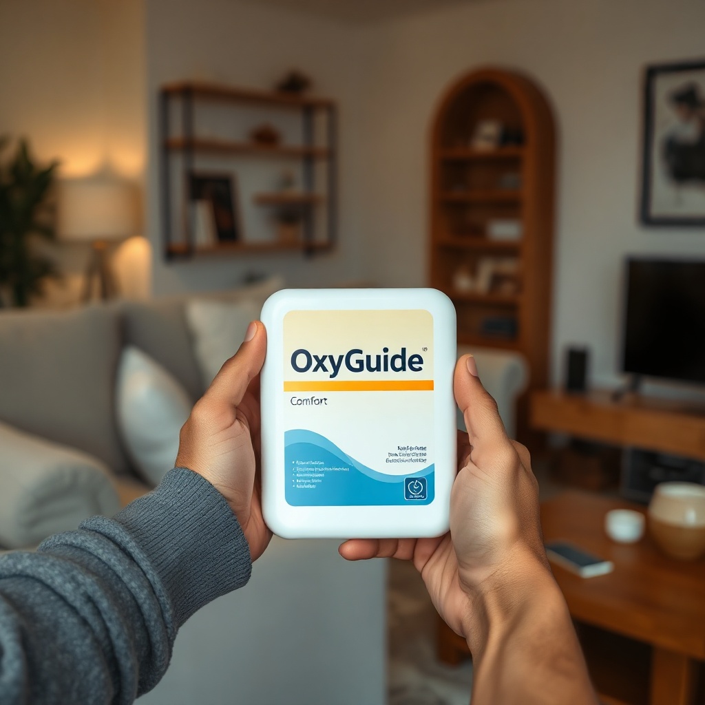 A photorealistic photo showing two hands gently holding the OxyGuide Comfort near a quiet