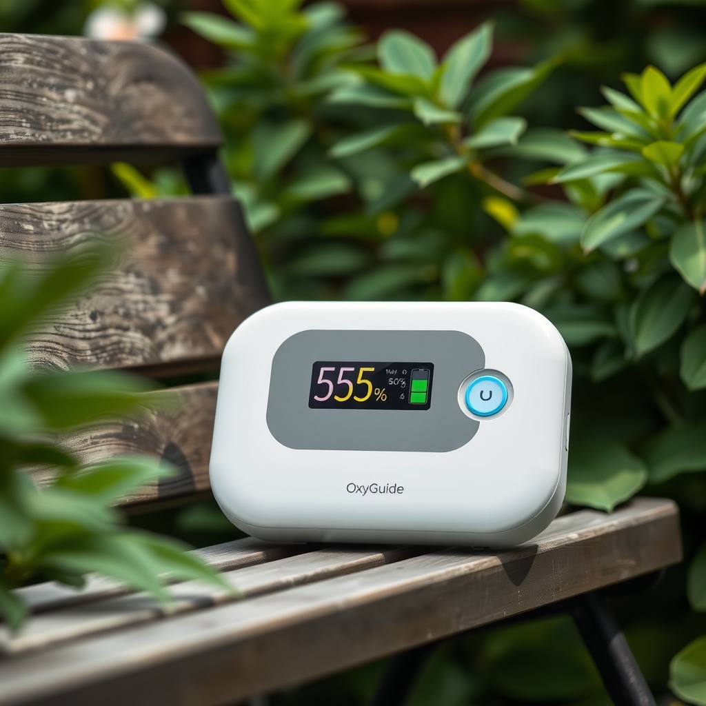 Clean photorealistic photo of the OxyGuide Comfort sitting on a garden bench with a batter