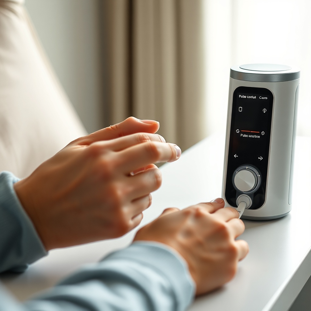 <clean photorealistic photo/illustration of OxyGuide Comfort device with pulse dose contro