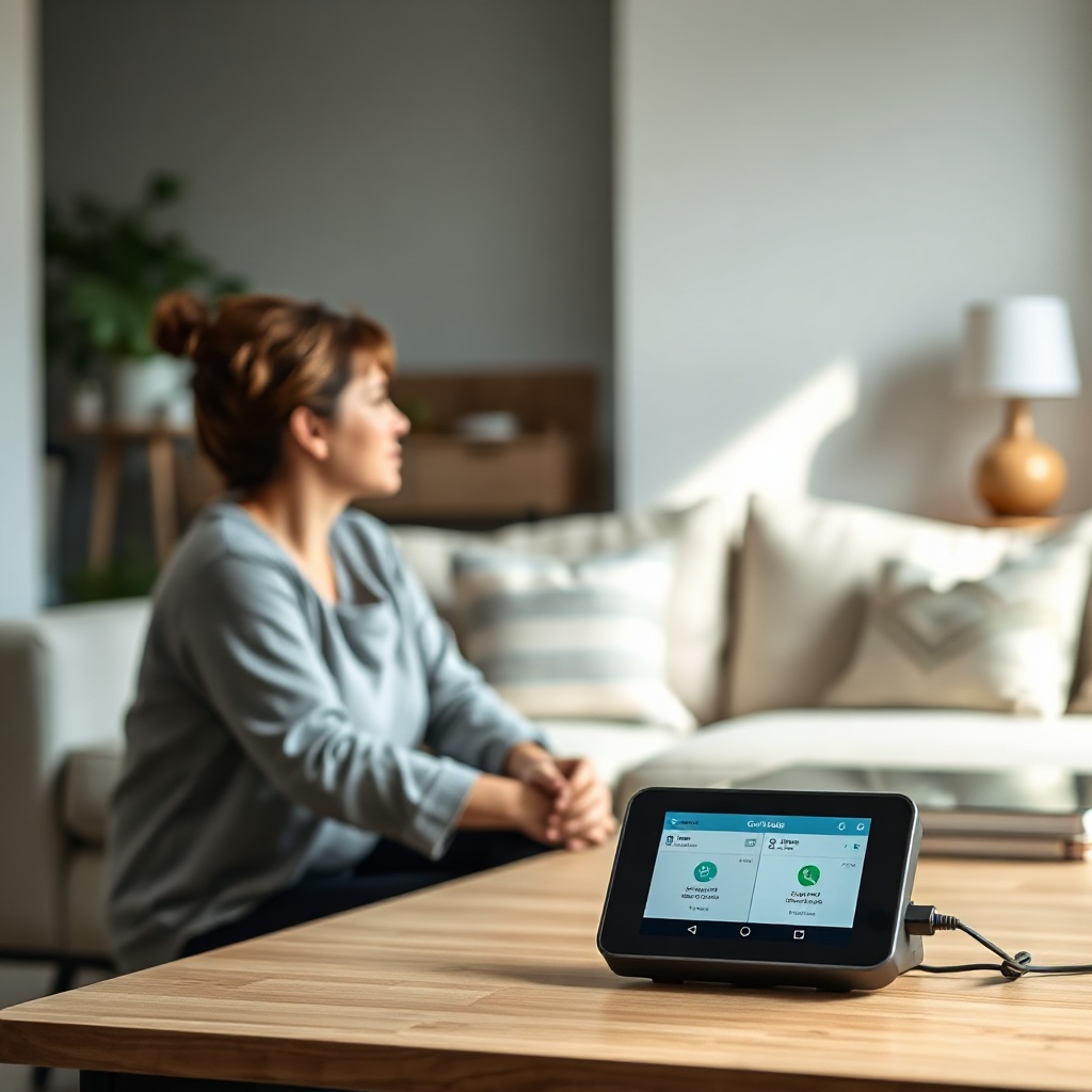 <photorealistic photo of a user sitting in a living room with the OxyGuide Comfort on a ta