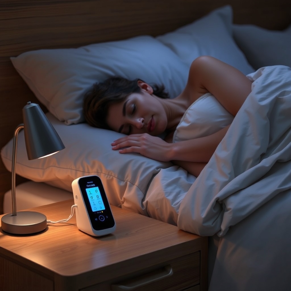 <photorealistic photo of a user sleeping with the OxyGuide Comfort on a nightstand