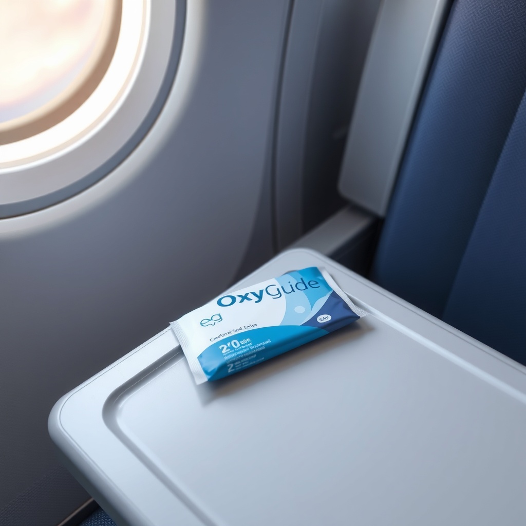 OxyGuide Comfort placed on an airplane tray table next to a window