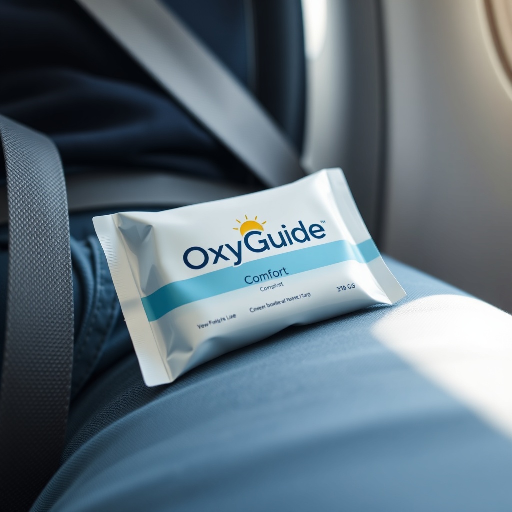 Close-up of OxyGuide Comfort on a passenger's lap during a flight