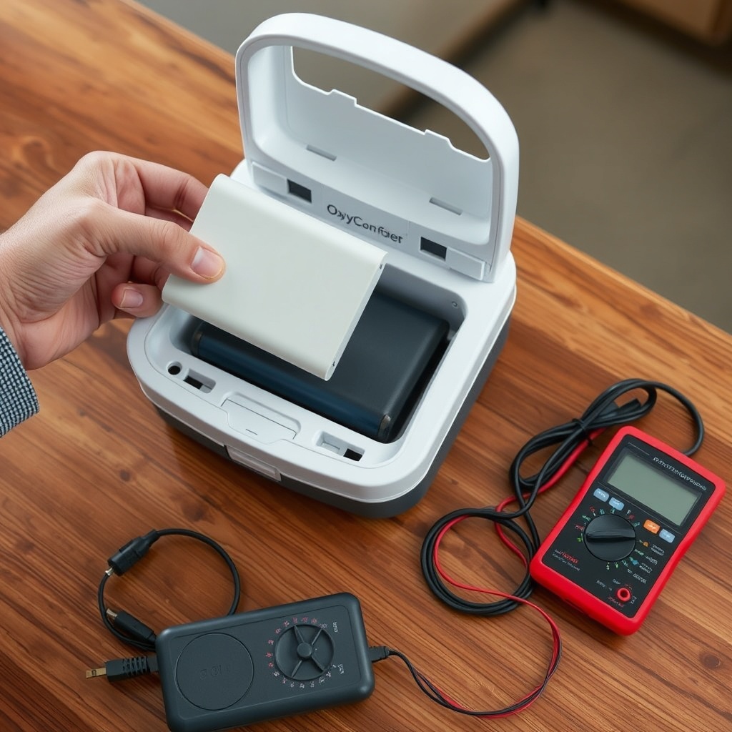 A clean photorealistic photo shows a user's hands removing the battery pack from the OxyGu