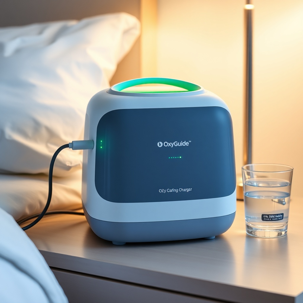 A clean photorealistic photo shows an OxyGuide Comfort concentrator on a bedside table wit