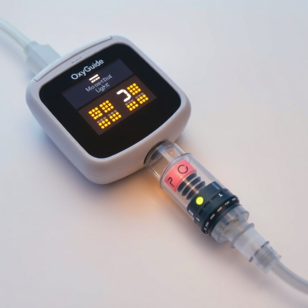 A photorealistic close-up of an OxyGuide Comfort displaying alternating red and yellow LED