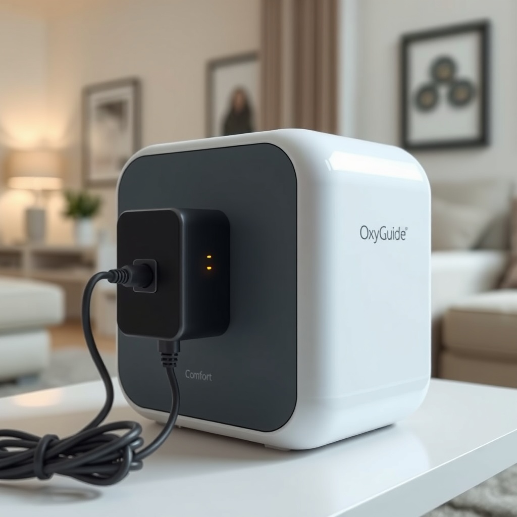 A clean photorealistic photo of an OxyGuide Comfort unit with the AC adapter plugged in