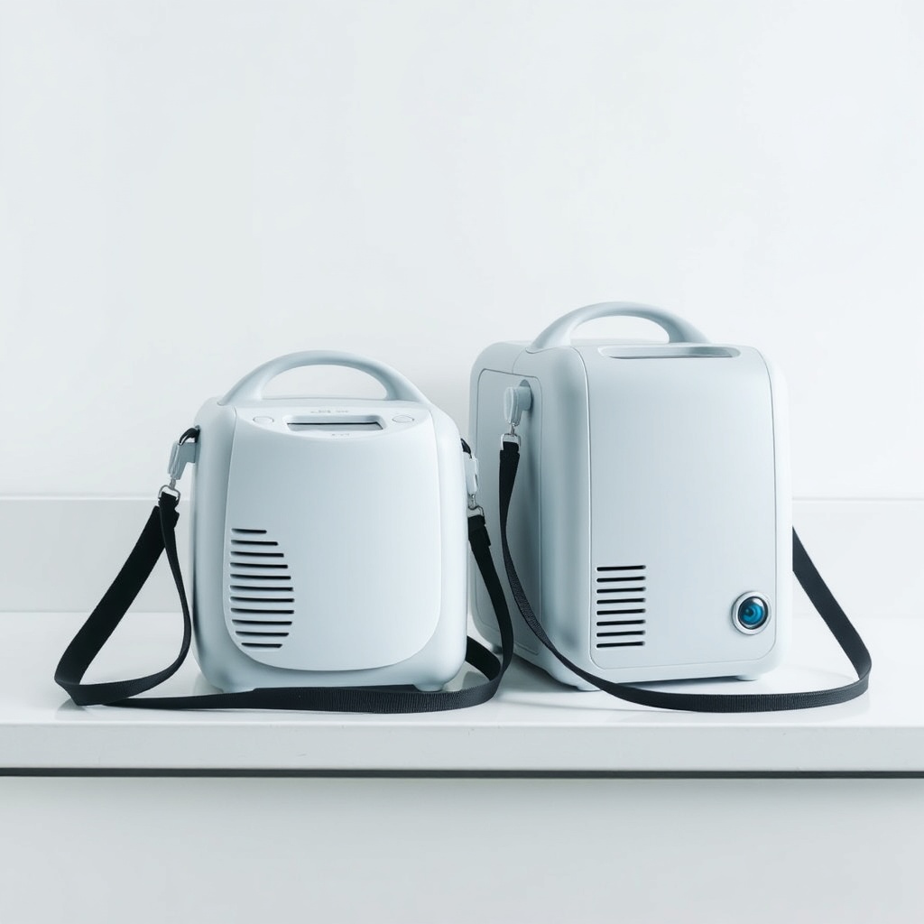 Two portable oxygen concentrators resting side by side on a clean white countertop
