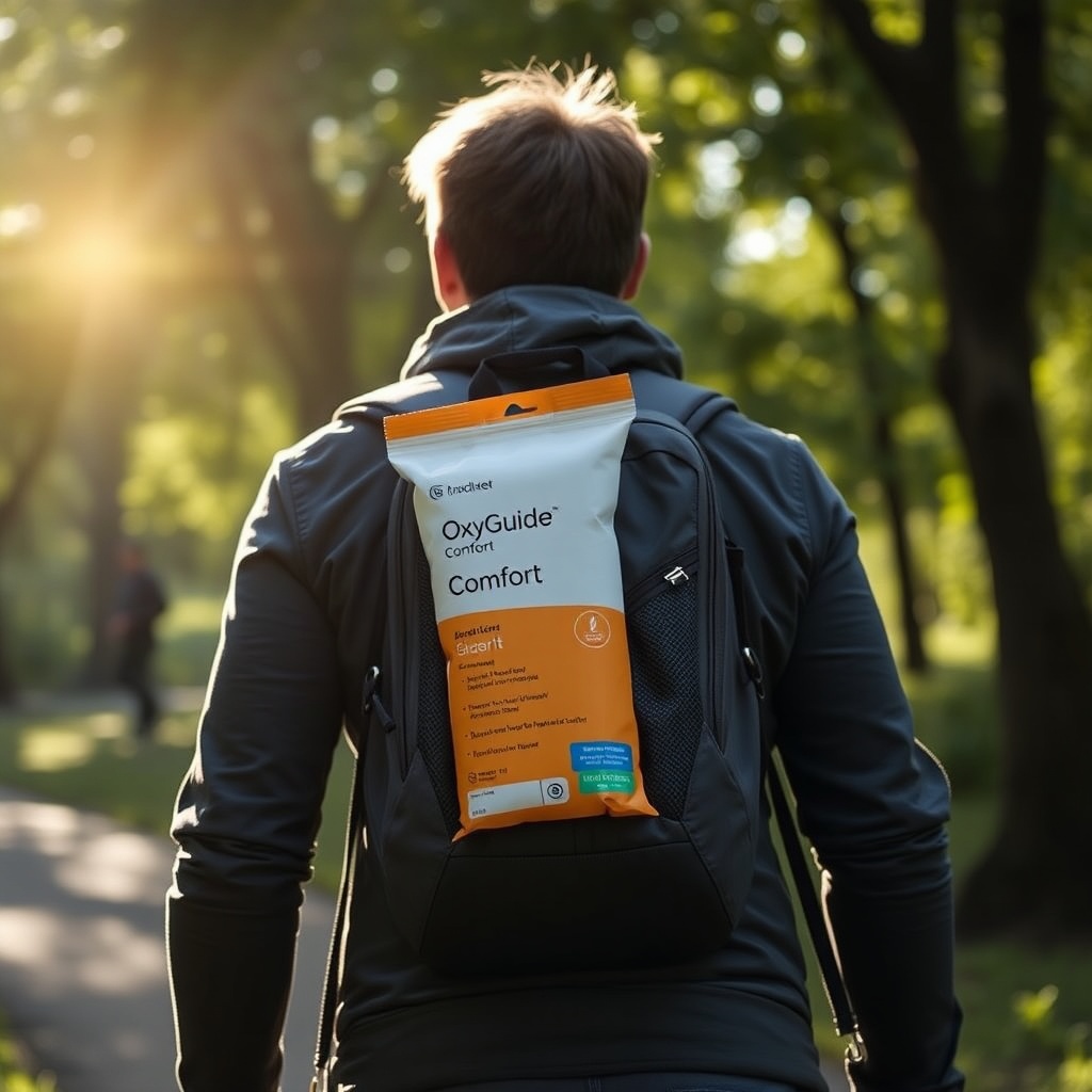 photo of a person walking outdoors while carrying an OxyGuide Comfort in a backpack