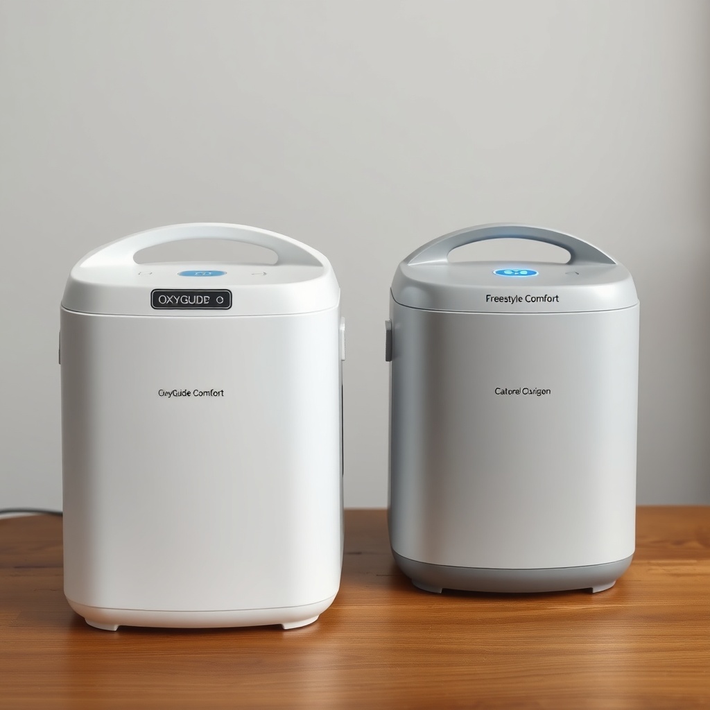 A clean photorealistic photo of two portable oxygen concentrators side by side on a wooden