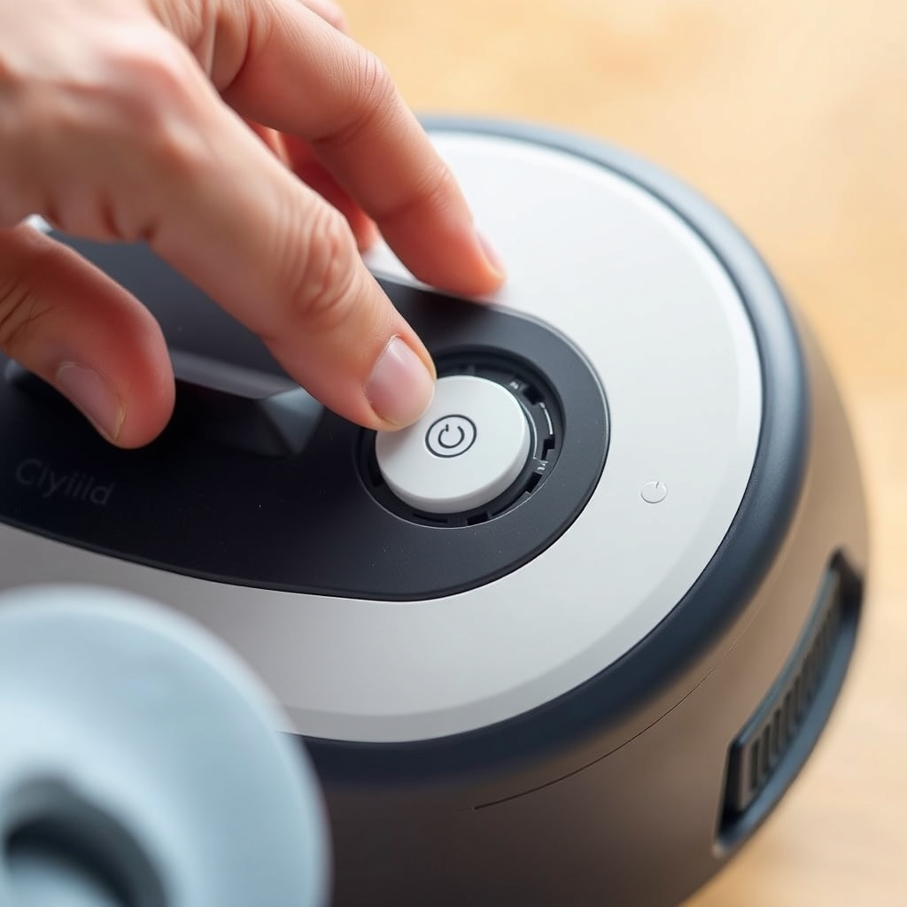 A clean photorealistic photo of a person’s hand pressing the battery release button on an