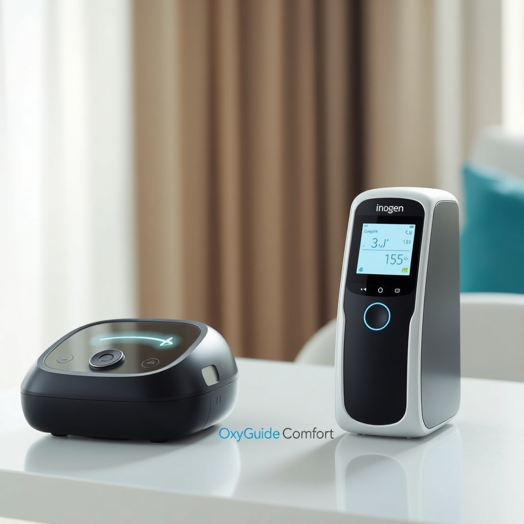 <clean photorealistic photo of OxyGuide Comfort side-by-side with Inogen One G5 on a table
