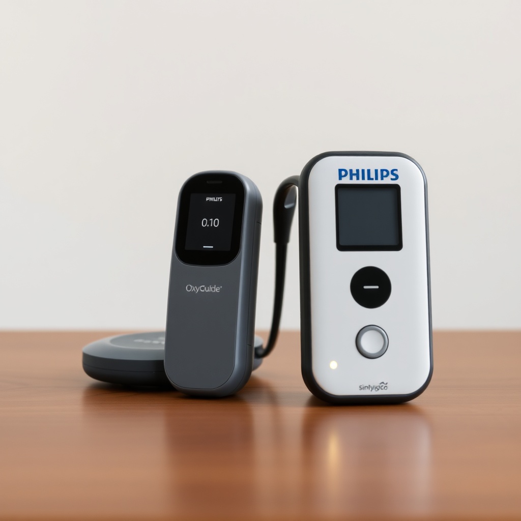 A clean photorealistic photo showing an OxyGuide Comfort and a Philips SimplyGo Mini side