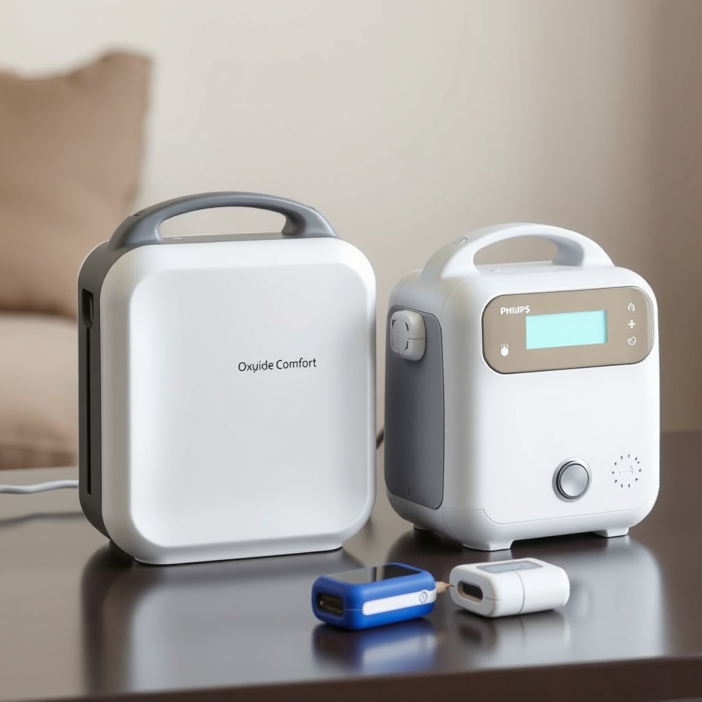Clean photorealistic photo showing two portable oxygen concentrators (OxyGuide Comfort and