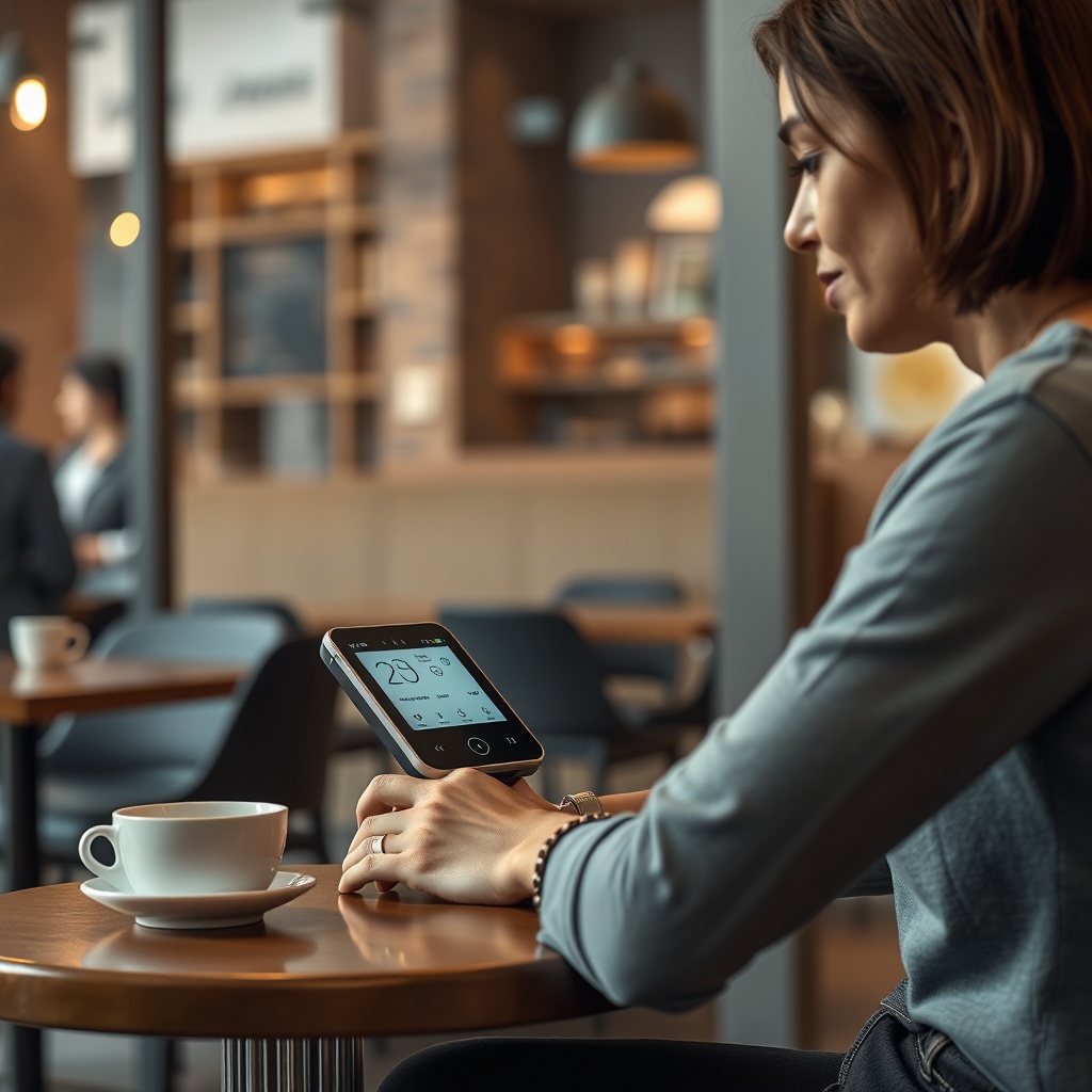 Clean photorealistic photo of a person using the OxyGuide Comfort at a coffee shop