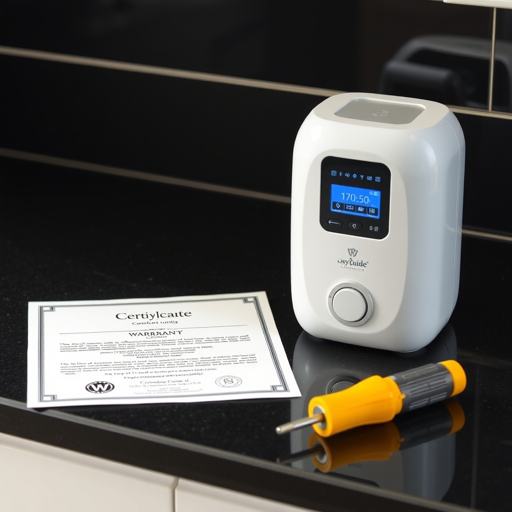 A photorealistic photo of an OxyGuide Comfort unit sitting on a black countertop
