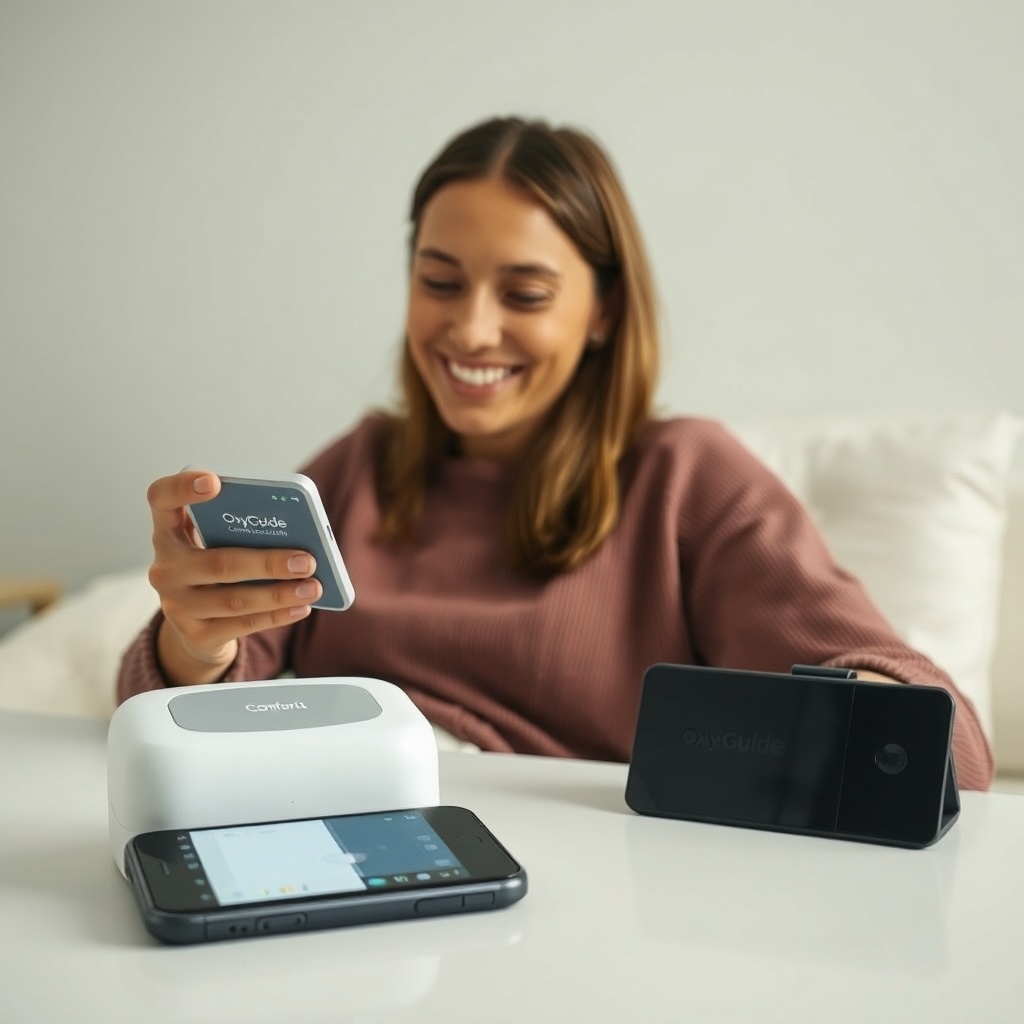 A photorealistic photo of an OxyGuide Comfort user smiling while checking the device's dis