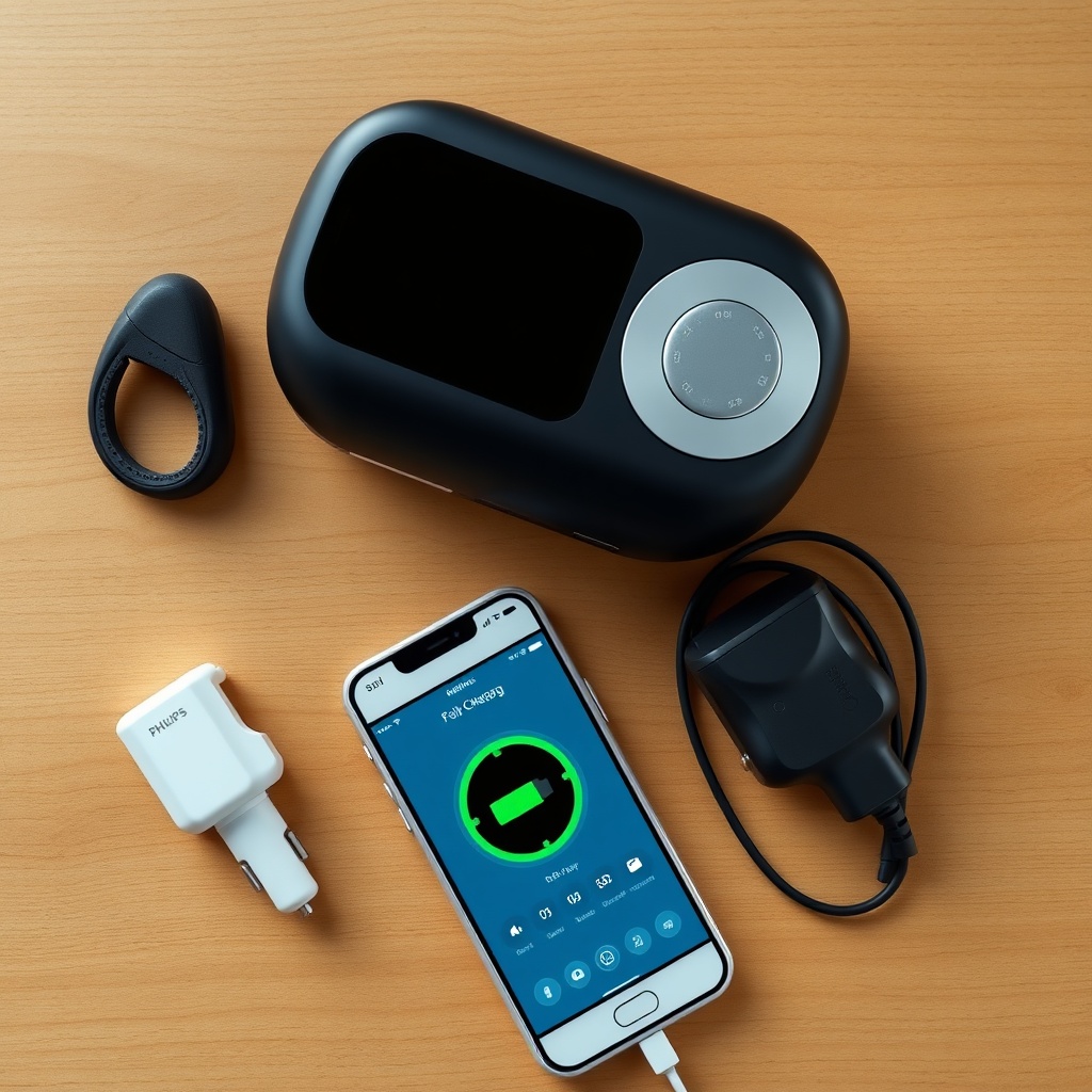 Photorealistic overhead shot of a Philips SimplyGo Mini sitting on a wooden table beside a