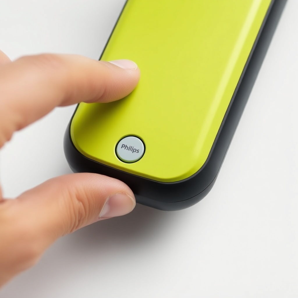 Photorealistic close‑up of a hand pressing the battery release button on the bottom of a P