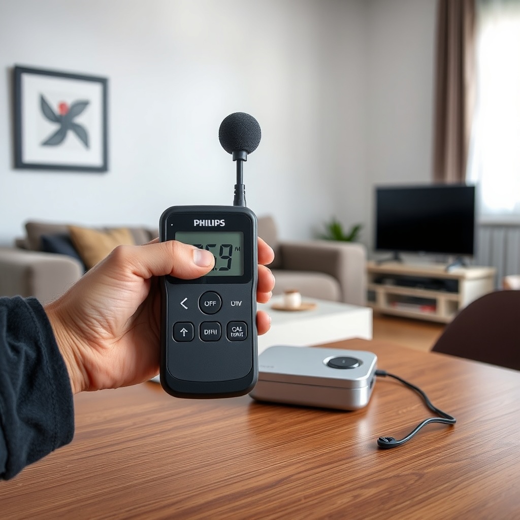 A photorealistic photo of a digital sound meter held 3 feet from a Philips SimplyGo Mini r